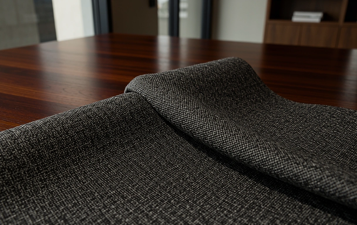 Textured charcoal blazer on teak wood